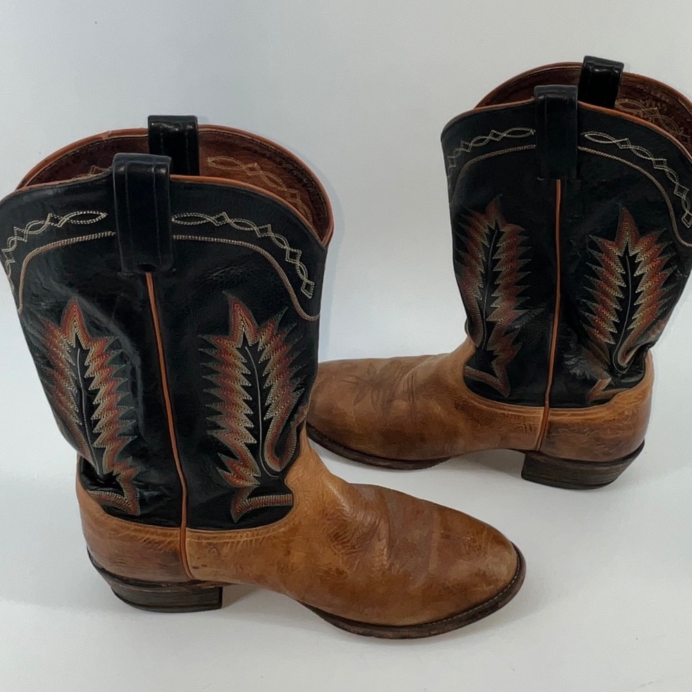 Tony Lama Cowboy Boots‎ Mens Leather Western Stitch Brown Black size 8